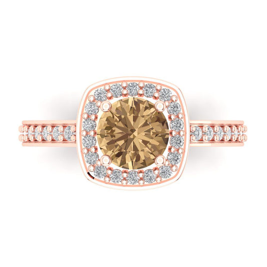 1.335 cttw Zirconia Simulated Champagne Diamond Solitaire with Zirconia Simulated Diamond Accents Engagement Ring - Solid Rose Gold (VVS1, Round Cut,6.5mm)