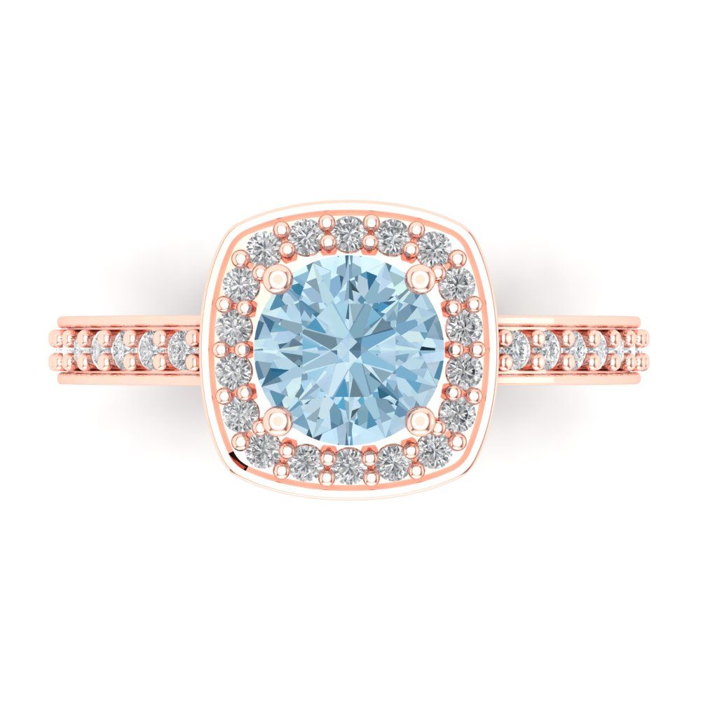 1.335 cttw Natural Aquamarine Solitaire with Zirconia Simulated Diamond Accents Engagement Ring - Solid Gold (Round Cut,6.5mm)