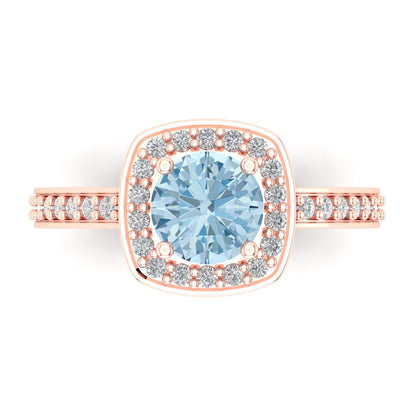 1.335 cttw Natural Aquamarine Solitaire with Zirconia Simulated Diamond Accents Engagement Ring - Solid Gold (Round Cut,6.5mm)