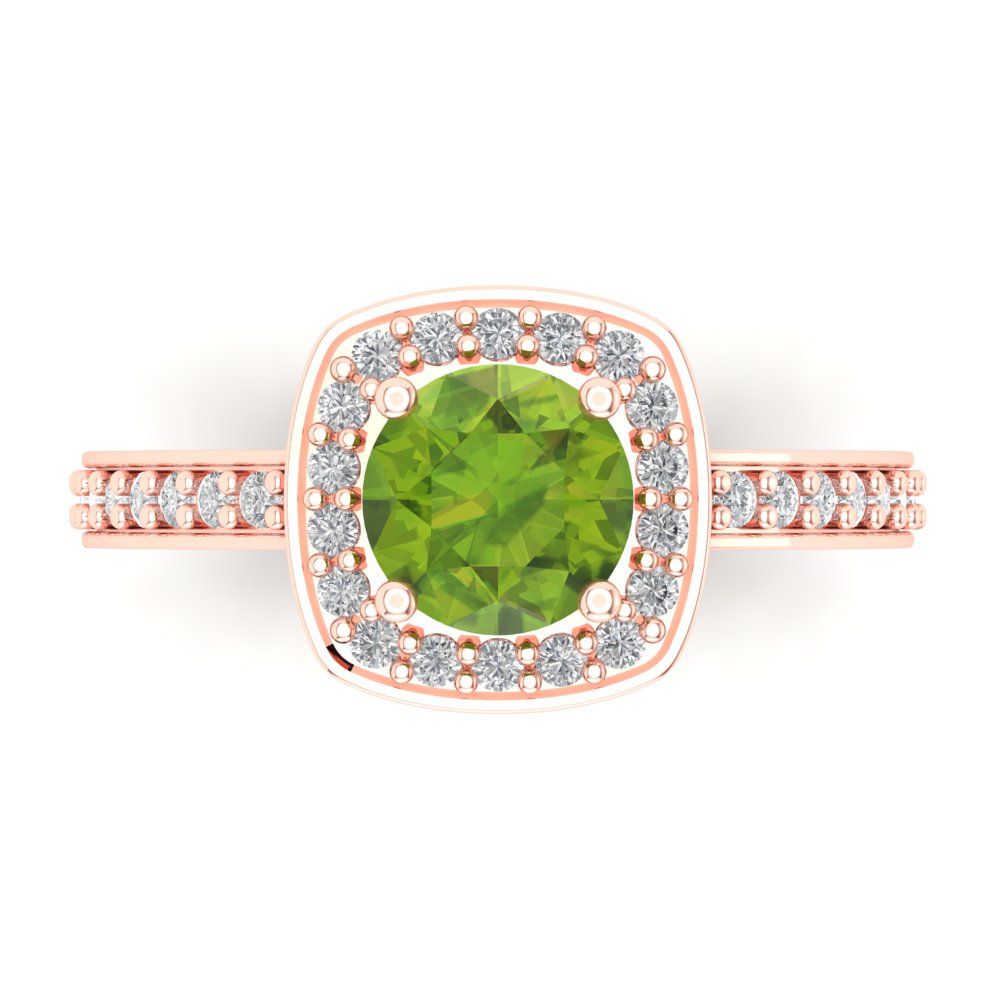 1.335 cttw Natural Peridot Solitaire with Zirconia Simulated Diamond Accents Engagement Ring - Solid Gold (Round Cut,6.5mm)