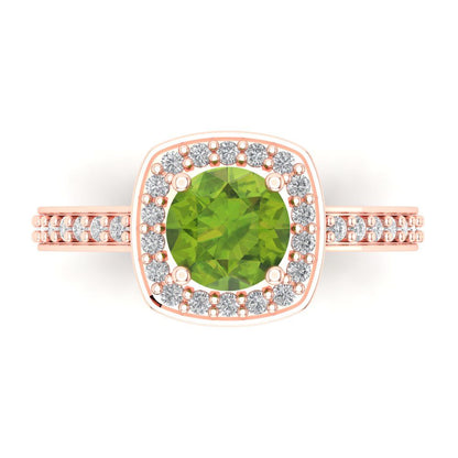 1.335 cttw Natural Peridot Solitaire with Zirconia Simulated Diamond Accents Engagement Ring - Solid Gold (Round Cut,6.5mm)