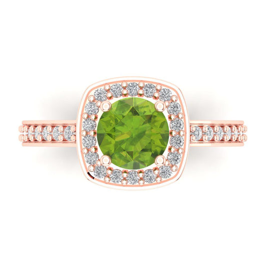 1.335 cttw Natural Peridot Solitaire with Zirconia Simulated Diamond Accents Engagement Ring - Solid Rose Gold (VVS1, Round Cut,6.5mm)