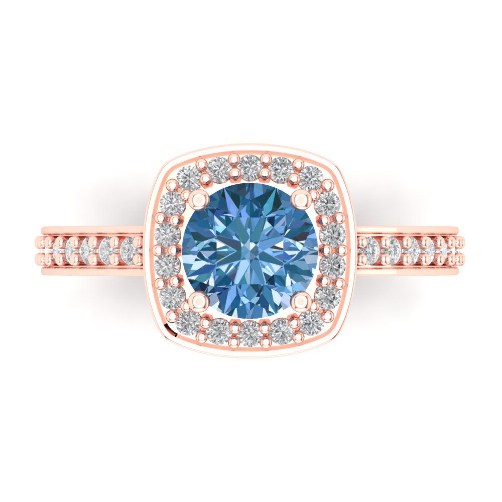 1.335 cttw Zirconia Simulated Blue Diamond Solitaire with Zirconia Simulated Diamond Accents Engagement Ring - Solid Rose Gold (VVS1, Round Cut,6.5mm)