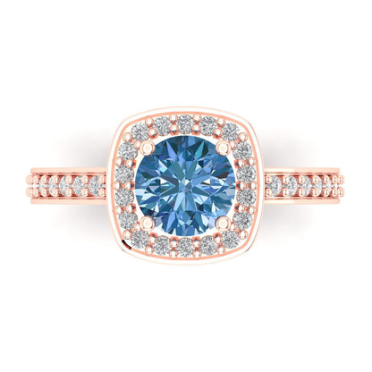 1.335 cttw Zirconia Simulated Blue Diamond Solitaire with Zirconia Simulated Diamond Accents Engagement Ring - Solid Rose Gold (VVS1, Round Cut,6.5mm)