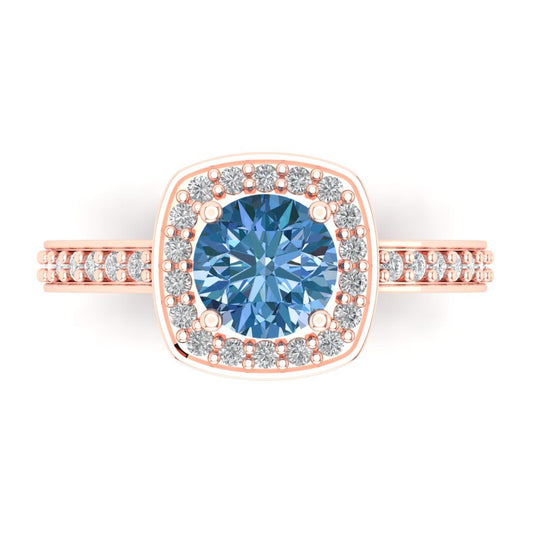 1.335 cttw Zirconia Simulated Blue Diamond Solitaire with Zirconia Simulated Diamond Accents Engagement Ring - Solid Rose Gold (VVS1, Round Cut,6.5mm)