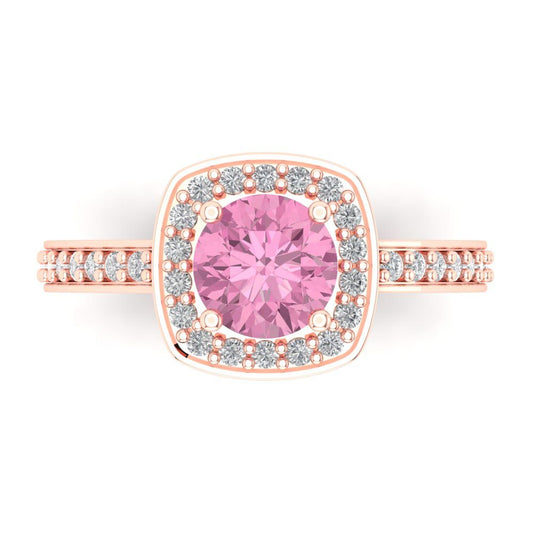 1.335 cttw Zirconia Simulated Pink Diamond Solitaire with Zirconia Simulated Diamond Accents Engagement Ring - Solid Rose Gold (VVS1, Round Cut,6.5mm)