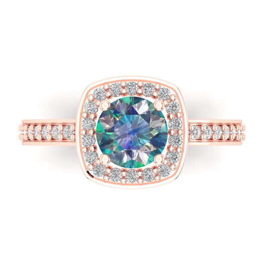 1.335 cttw Blue Moissanite Solitaire with Zirconia Simulated Diamond Accents Engagement Ring - Solid Rose Gold (VVS1, Round Cut,6.5mm)