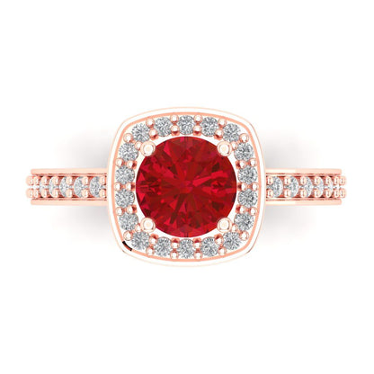 1.335 cttw Simulated Ruby Solitaire with Zirconia Simulated Diamond Accents Engagement Ring - Solid Rose Gold (VVS1, Round Cut,6.5mm)