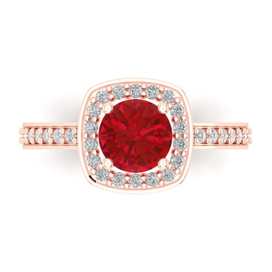 1.335 cttw Simulated Ruby Solitaire with Zirconia Simulated Diamond Accents Engagement Ring - Solid Rose Gold (VVS1, Round Cut,6.5mm)