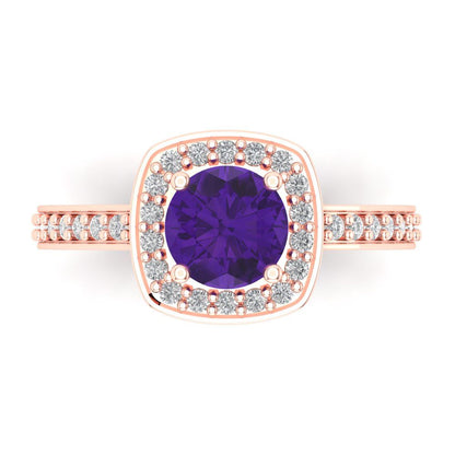 1.335 cttw Natural Amethyst Solitaire with Zirconia Simulated Diamond Accents Engagement Ring - Solid Gold (Round Cut,6.5mm)