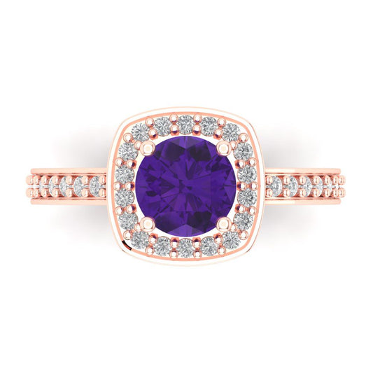 1.335 cttw Natural Amethyst Solitaire with Zirconia Simulated Diamond Accents Engagement Ring - Solid Rose Gold (VVS1, Round Cut,6.5mm)