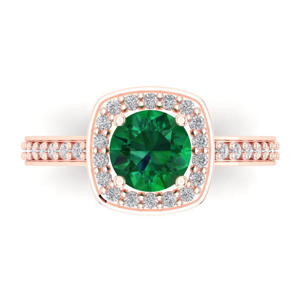 1.335 cttw Simulated Emerald Solitaire with Zirconia Simulated Diamond Accents Engagement Ring - Solid Gold (Round Cut,6.5mm)
