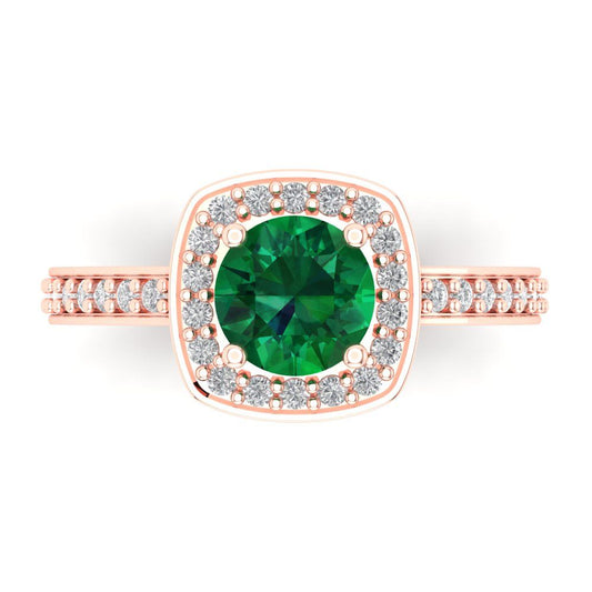 1.335 cttw Simulated Emerald Solitaire with Zirconia Simulated Diamond Accents Engagement Ring - Solid Rose Gold (VVS1, Round Cut,6.5mm)