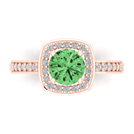 1.335 cttw Zirconia Simulated Green Diamond Solitaire with Zirconia Simulated Diamond Accents Engagement Ring - Solid Rose Gold (VVS1, Round Cut,6.5mm)