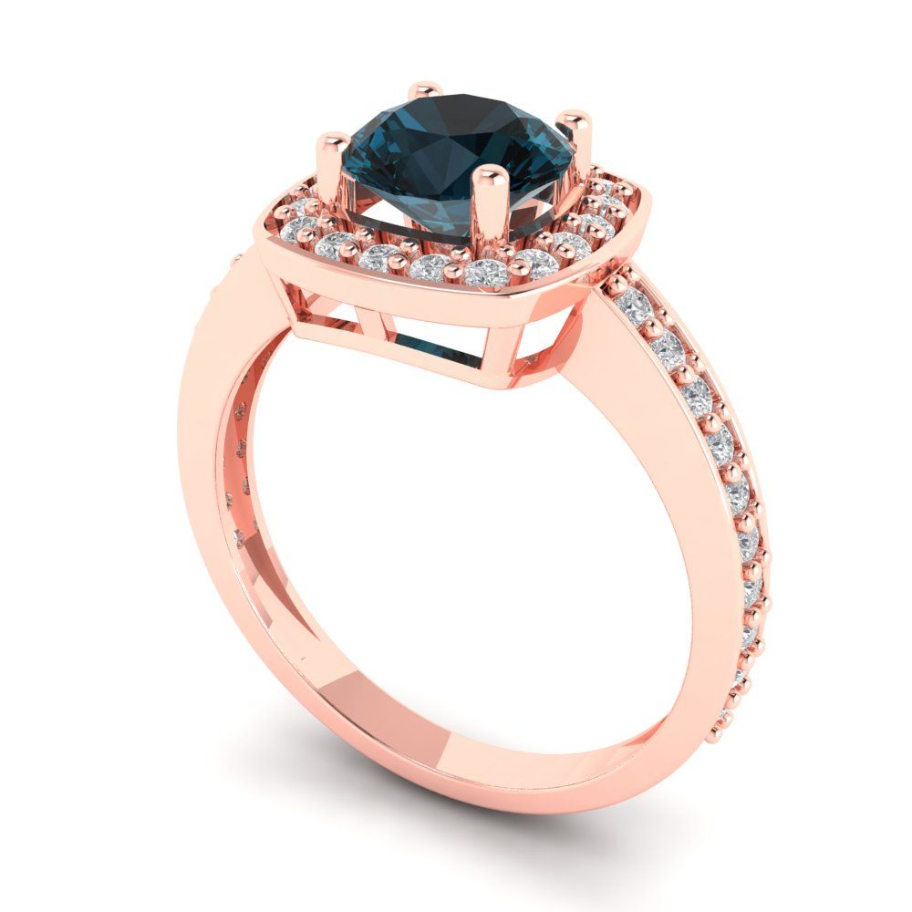 1.335 cttw Natural London Blue Topaz Solitaire with Zirconia Simulated Diamond Accents Engagement Ring - Solid Rose Gold (VVS1, Round Cut,6.5mm)