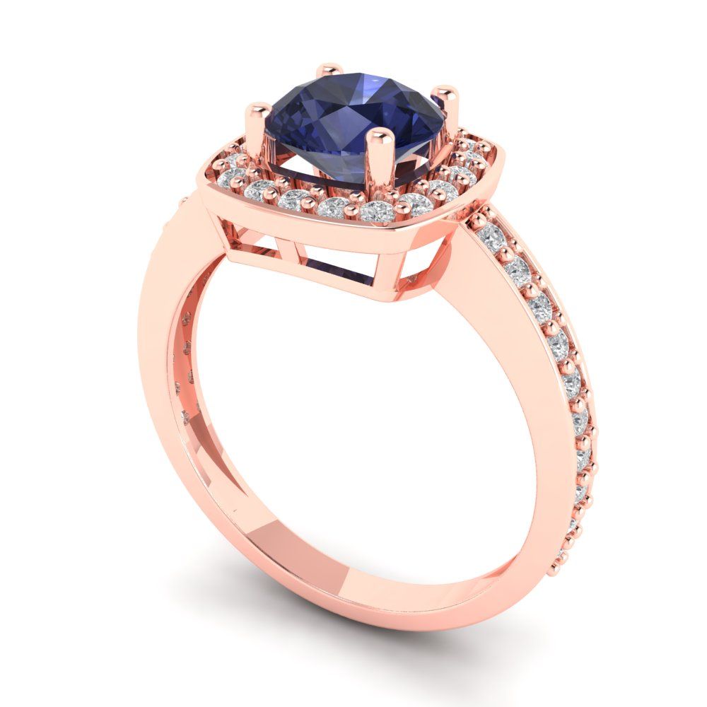 1.335 cttw Simulated Blue Sapphire Solitaire with Zirconia Simulated Diamond Accents Engagement Ring - Solid Rose Gold (VVS1, Round Cut,6.5mm)