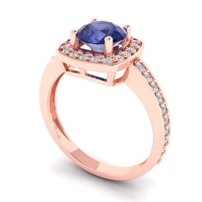 1.335 cttw Simulated Tanzanite Solitaire with Zirconia Simulated Diamond Accents Engagement Ring - Solid Rose Gold (VVS1, Round Cut,6.5mm)