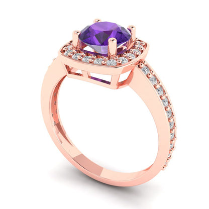 1.335 cttw Natural Amethyst Solitaire with Zirconia Simulated Diamond Accents Engagement Ring - Solid Gold (Round Cut,6.5mm)