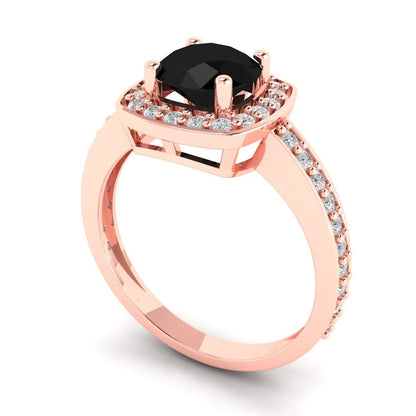 1.335 cttw Natural Onyx Solitaire with Zirconia Simulated Diamond Accents Engagement Ring - Solid Gold (Round Cut,6.5mm)