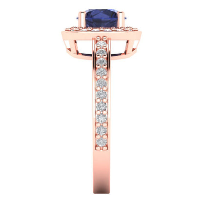 1.335 cttw Simulated Blue Sapphire Solitaire with Zirconia Simulated Diamond Accents Engagement Ring - Solid Rose Gold (VVS1, Round Cut,6.5mm)