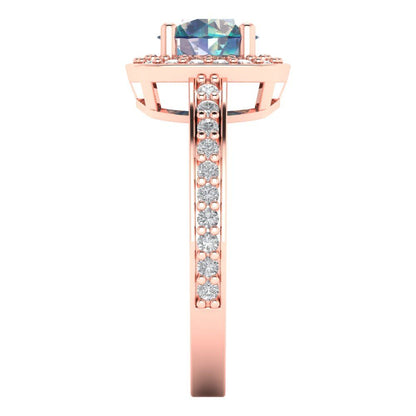 1.335 cttw Blue Moissanite Solitaire with Zirconia Simulated Diamond Accents Engagement Ring - Solid Rose Gold (VVS1, Round Cut,6.5mm)
