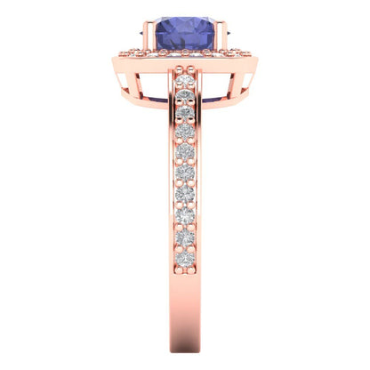 1.335 cttw Simulated Tanzanite Solitaire with Zirconia Simulated Diamond Accents Engagement Ring - Solid Rose Gold (VVS1, Round Cut,6.5mm)