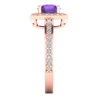 1.335 cttw Natural Amethyst Solitaire with Zirconia Simulated Diamond Accents Engagement Ring - Solid Gold (Round Cut,6.5mm)