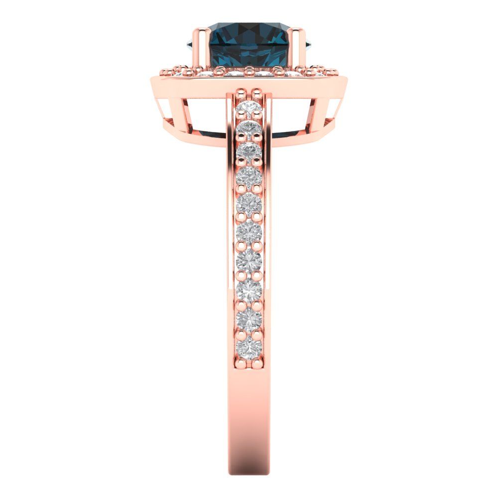 1.335 cttw Natural London Blue Topaz Solitaire with Zirconia Simulated Diamond Accents Engagement Ring - Solid Rose Gold (VVS1, Round Cut,6.5mm)