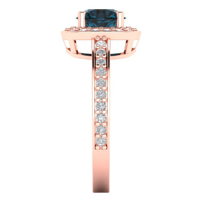 1.335 cttw Natural London Blue Topaz Solitaire with Zirconia Simulated Diamond Accents Engagement Ring - Solid Rose Gold (VVS1, Round Cut,6.5mm)