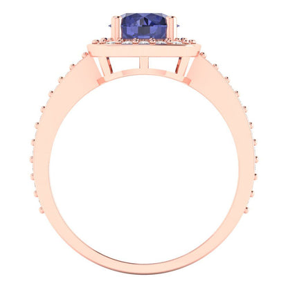 1.335 cttw Simulated Tanzanite Solitaire with Zirconia Simulated Diamond Accents Engagement Ring - Solid Rose Gold (VVS1, Round Cut,6.5mm)