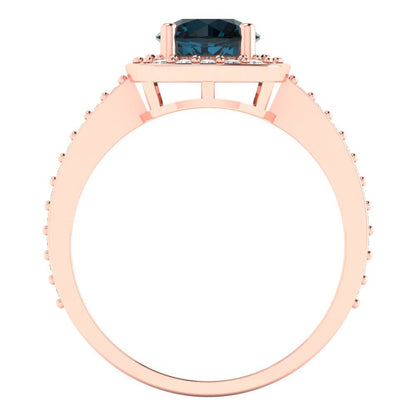 1.335 cttw Natural London Blue Topaz Solitaire with Zirconia Simulated Diamond Accents Engagement Ring - Solid Rose Gold (VVS1, Round Cut,6.5mm)