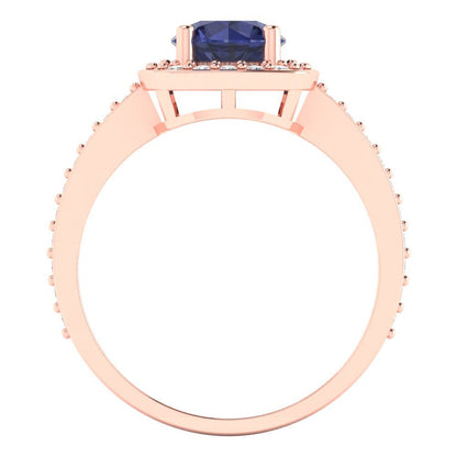1.335 cttw Simulated Blue Sapphire Solitaire with Zirconia Simulated Diamond Accents Engagement Ring - Solid Rose Gold (VVS1, Round Cut,6.5mm)