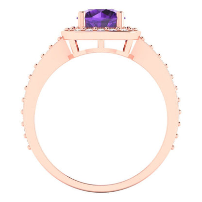 1.335 cttw Natural Amethyst Solitaire with Zirconia Simulated Diamond Accents Engagement Ring - Solid Gold (Round Cut,6.5mm)