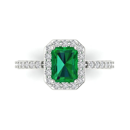 1.92 cttw Simulated Emerald Solitaire with Zirconia Simulated Diamond Accents Engagement Ring - Solid White Gold (VVS1, Emerald Cut,7.5X5.5mm)
