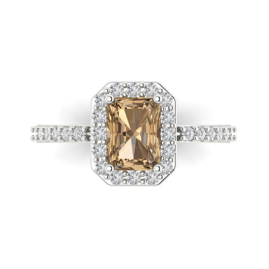 1.92 cttw Zirconia Simulated Champagne Diamond Solitaire with Zirconia Simulated Diamond Accents Engagement Ring - Solid White Gold (VVS1, Emerald Cut,7.5X5.5mm)