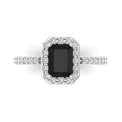 1.92 cttw Natural Onyx Solitaire with Zirconia Simulated Diamond Accents Engagement Ring - Solid Gold (Emerald Cut,7.5X5.5mm)