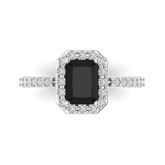 1.92 cttw Natural Onyx Solitaire with Zirconia Simulated Diamond Accents Engagement Ring - Solid White Gold (VVS1, Emerald Cut,7.5X5.5mm)