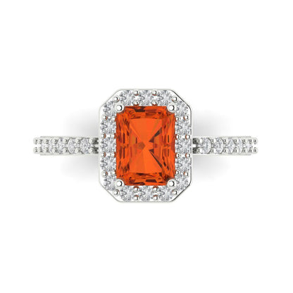 1.92 cttw Zirconia Simulated Red Diamond Solitaire with Zirconia Simulated Diamond Accents Engagement Ring - Solid White Gold (VVS1, Emerald Cut,7.5X5.5mm)