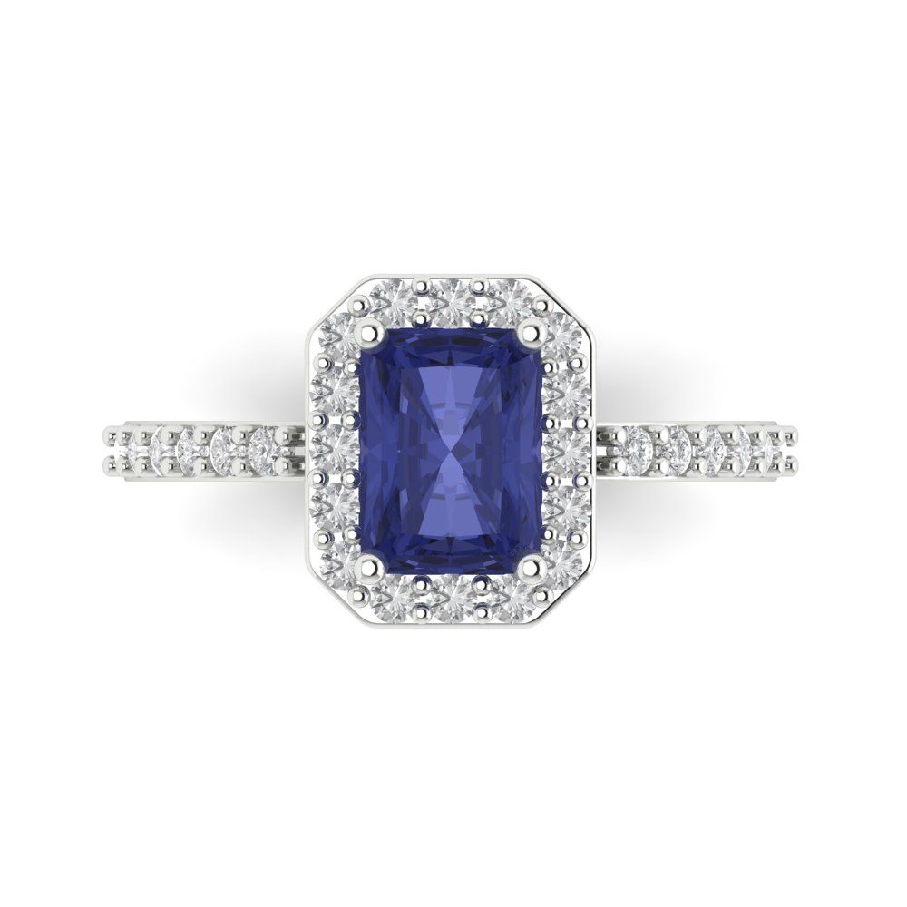 1.92 cttw Simulated Tanzanite Solitaire with Zirconia Simulated Diamond Accents Engagement Ring - Solid Gold (Emerald Cut,7.5X5.5mm)
