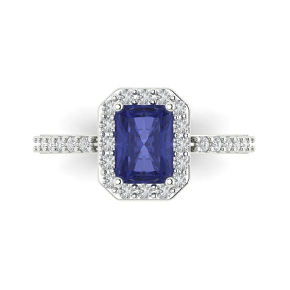 1.92 cttw Simulated Tanzanite Solitaire with Zirconia Simulated Diamond Accents Engagement Ring - Solid Gold (Emerald Cut,7.5X5.5mm)