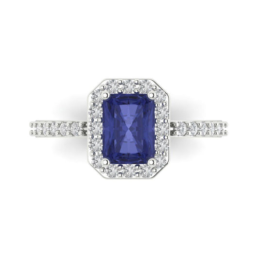1.92 cttw Simulated Tanzanite Solitaire with Zirconia Simulated Diamond Accents Engagement Ring - Solid White Gold (VVS1, Emerald Cut,7.5X5.5mm)