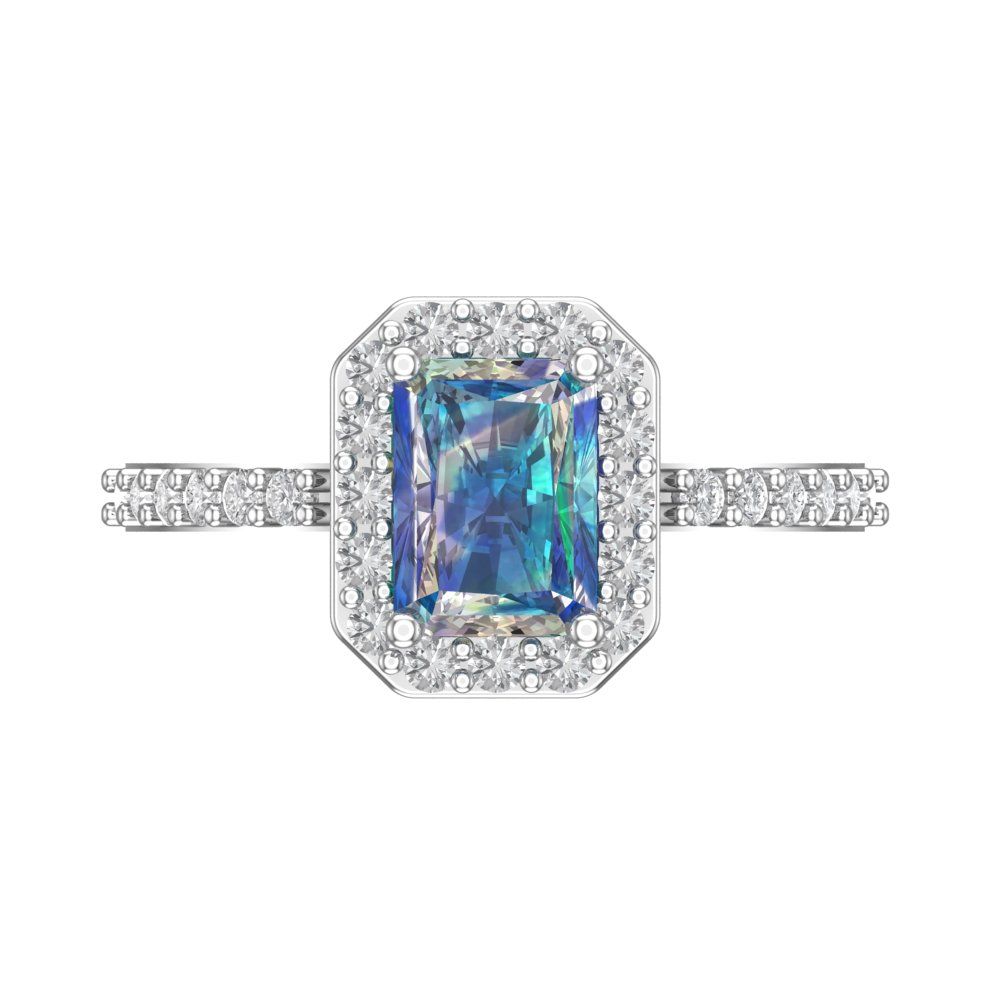 1.92 cttw Blue Moissanite Solitaire with Zirconia Simulated Diamond Accents Engagement Ring - Solid Gold (Emerald Cut,7.5X5.5mm)