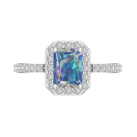 1.92 cttw Blue Moissanite Solitaire with Zirconia Simulated Diamond Accents Engagement Ring - Solid White Gold (VVS1, Emerald Cut,7.5X5.5mm)