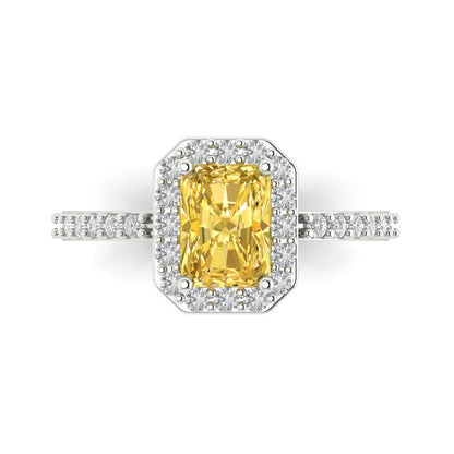 1.92 cttw Zirconia Simulated Yellow Diamond Solitaire with Zirconia Simulated Diamond Accents Engagement Ring - Solid Gold (VVS1, Emerald Cut,7.5X5.5mm)