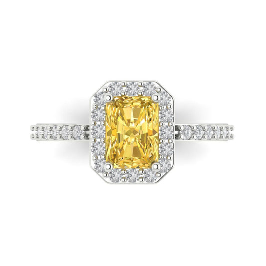 1.92 cttw Zirconia Simulated Yellow Diamond Solitaire with Zirconia Simulated Diamond Accents Engagement Ring - Solid White Gold (VVS1, Emerald Cut,7.5X5.5mm)