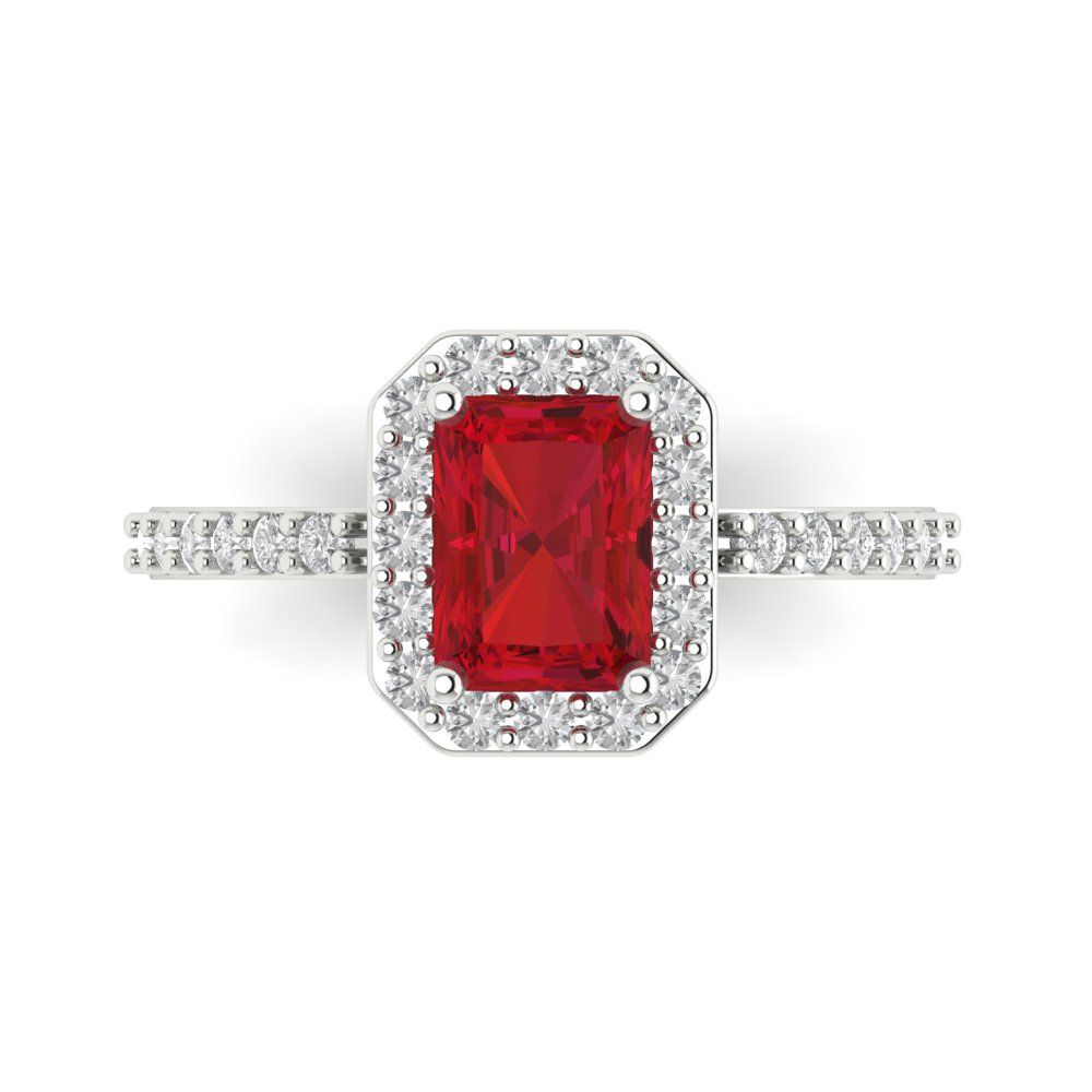 1.92 cttw Simulated Ruby Solitaire with Zirconia Simulated Diamond Accents Engagement Ring - Solid White Gold (VVS1, Emerald Cut,7.5X5.5mm)