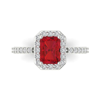 1.92 cttw Simulated Ruby Solitaire with Zirconia Simulated Diamond Accents Engagement Ring - Solid White Gold (VVS1, Emerald Cut,7.5X5.5mm)