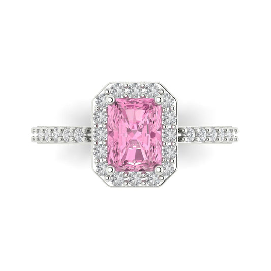 1.92 cttw Zirconia Simulated Pink Diamond Solitaire with Zirconia Simulated Diamond Accents Engagement Ring - Solid White Gold (VVS1, Emerald Cut,7.5X5.5mm)