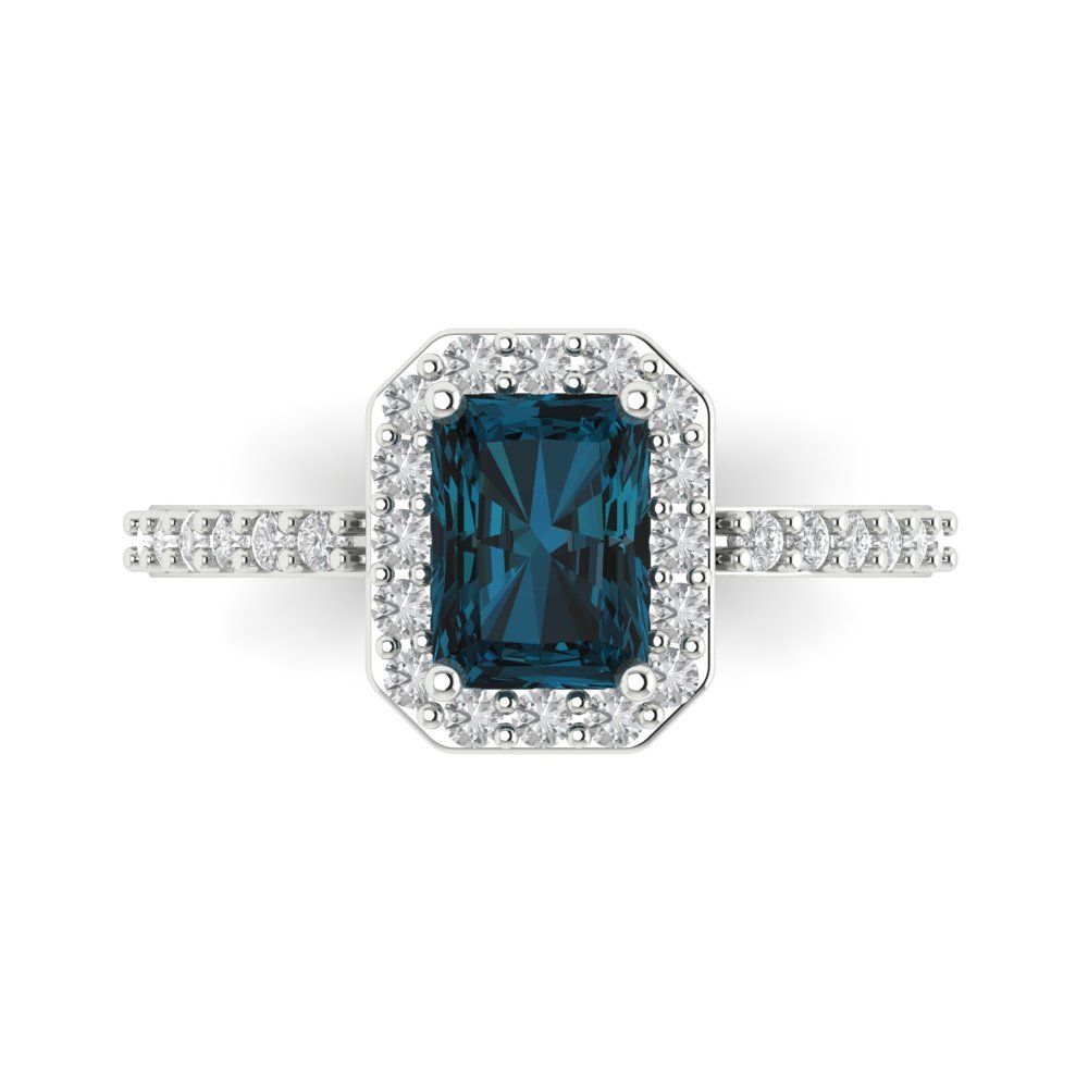 1.92 cttw Natural London Blue Topaz Solitaire with Zirconia Simulated Diamond Accents Engagement Ring - Solid Gold (Emerald Cut,7.5X5.5mm)
