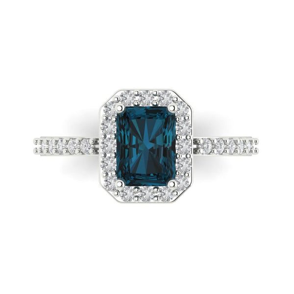 2.07 ct Brilliant Emerald Cut Natural London Blue Topaz Stone White Gold halo Solitaire with Accents Ring